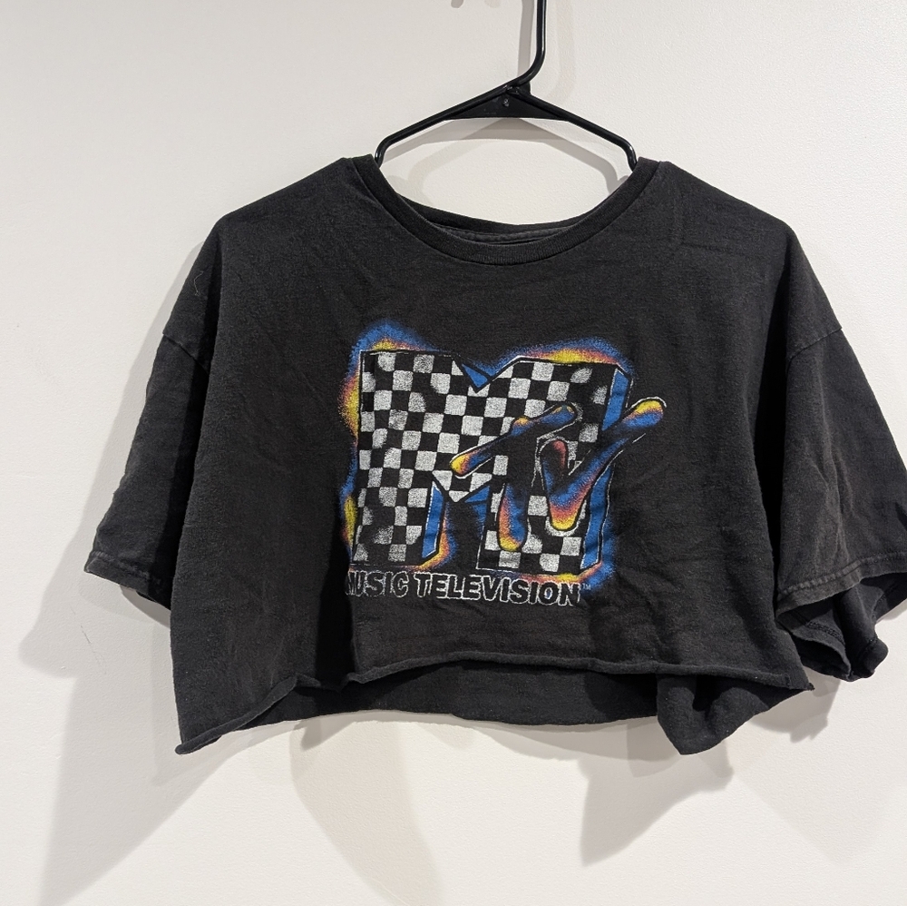 MTV Black Cropped Graphic Tee with Checkerboard Logo